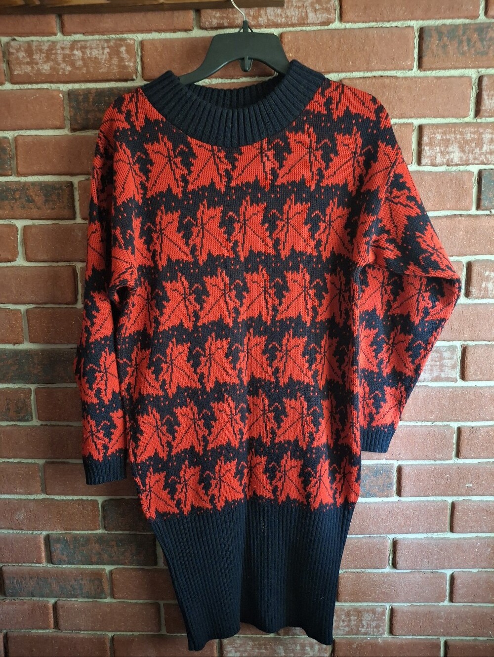 Red & Black Leaf Knit Sweater Dress